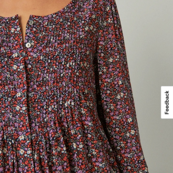 Lucky Brand Floral Pintuck Popover Blouse Pesant Top Button Down Front SZ M - Picture 3 of 10